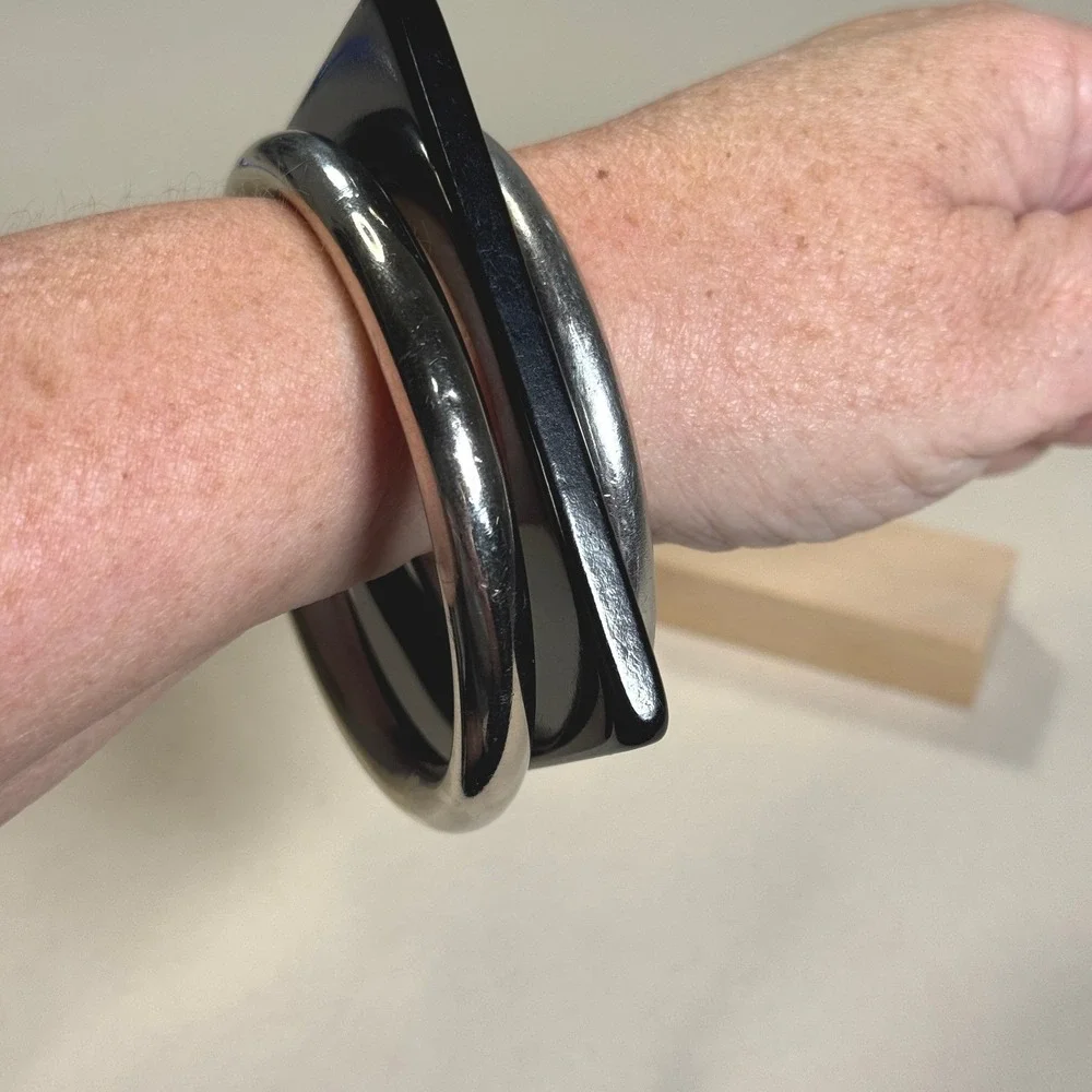 Vintage Monet Bangle‎ Bracelet Set Silver Tone Round Black Lucite Square MCM